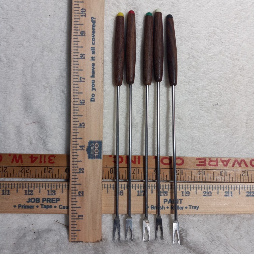 Fondue Forks Set 5 Teak Wood Handles Color Tips 10" LONG MCM